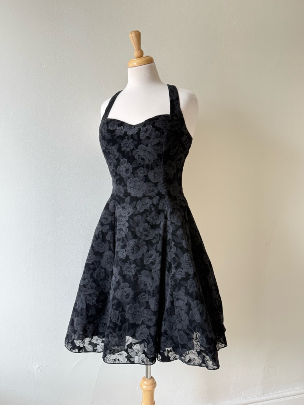 90s Vintage Black Floral Fit-and-Flare Halter Dress